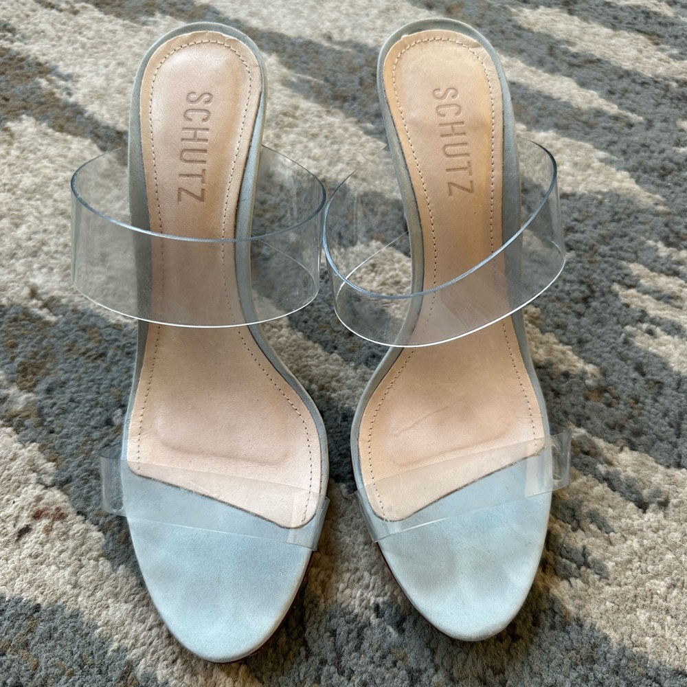 Schutz Clear Strap Light Blue Suede Heeled Sandals